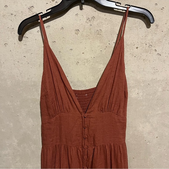 Abercrombie & Fitch Orange Linen Dress S Buttons Plunge Neck Smocked Boho Maxi - Picture 2 of 10